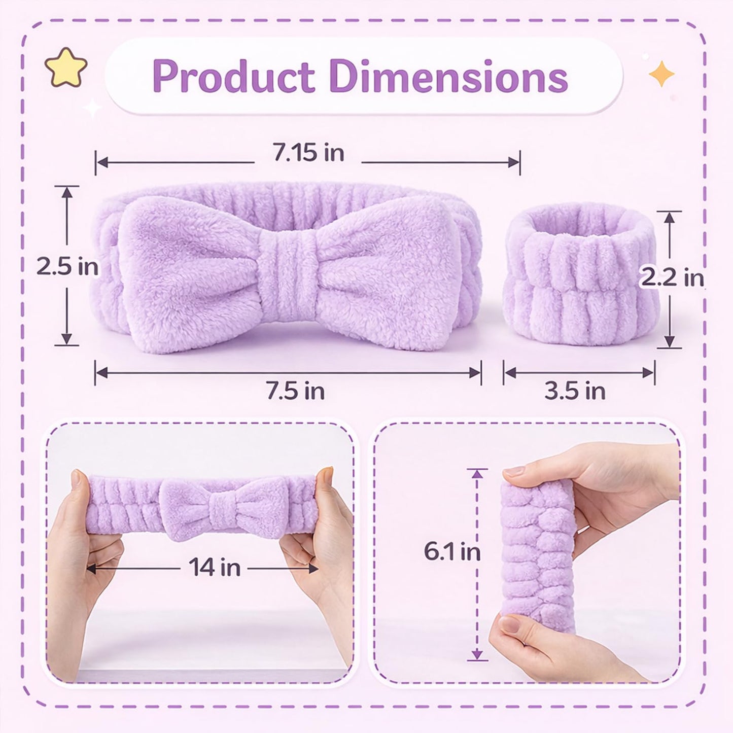 3-Piece Skincare Headband and Wristband Set, Fluffy Bow Spa & Face Wash Makeup Headband for Washing Face, Soft Microfiber Skin Care Tools for Women - Purple#1