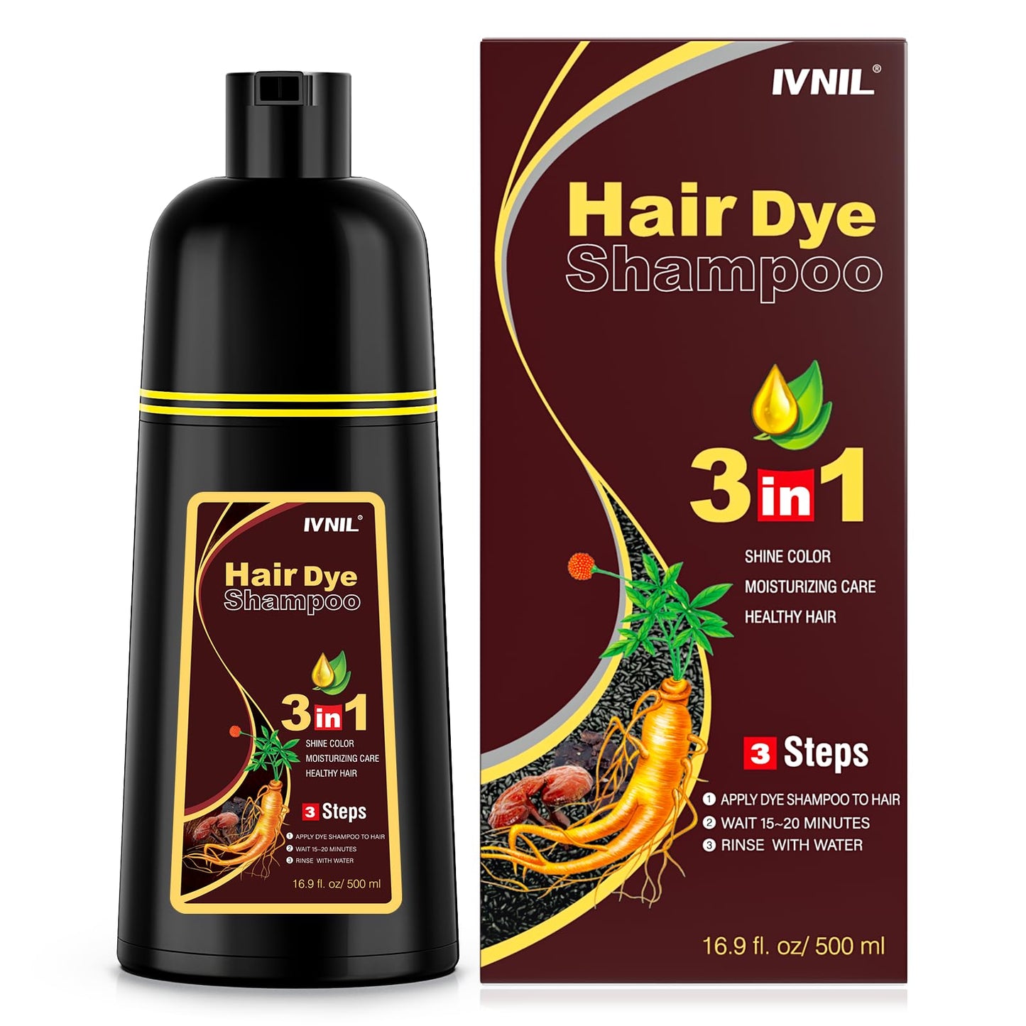 Ivnil Dark Brown Hair Dye Shampoo 3 in 1 Hair Color for Women/Men for Grey Coverage Champu Para Canas Mujer