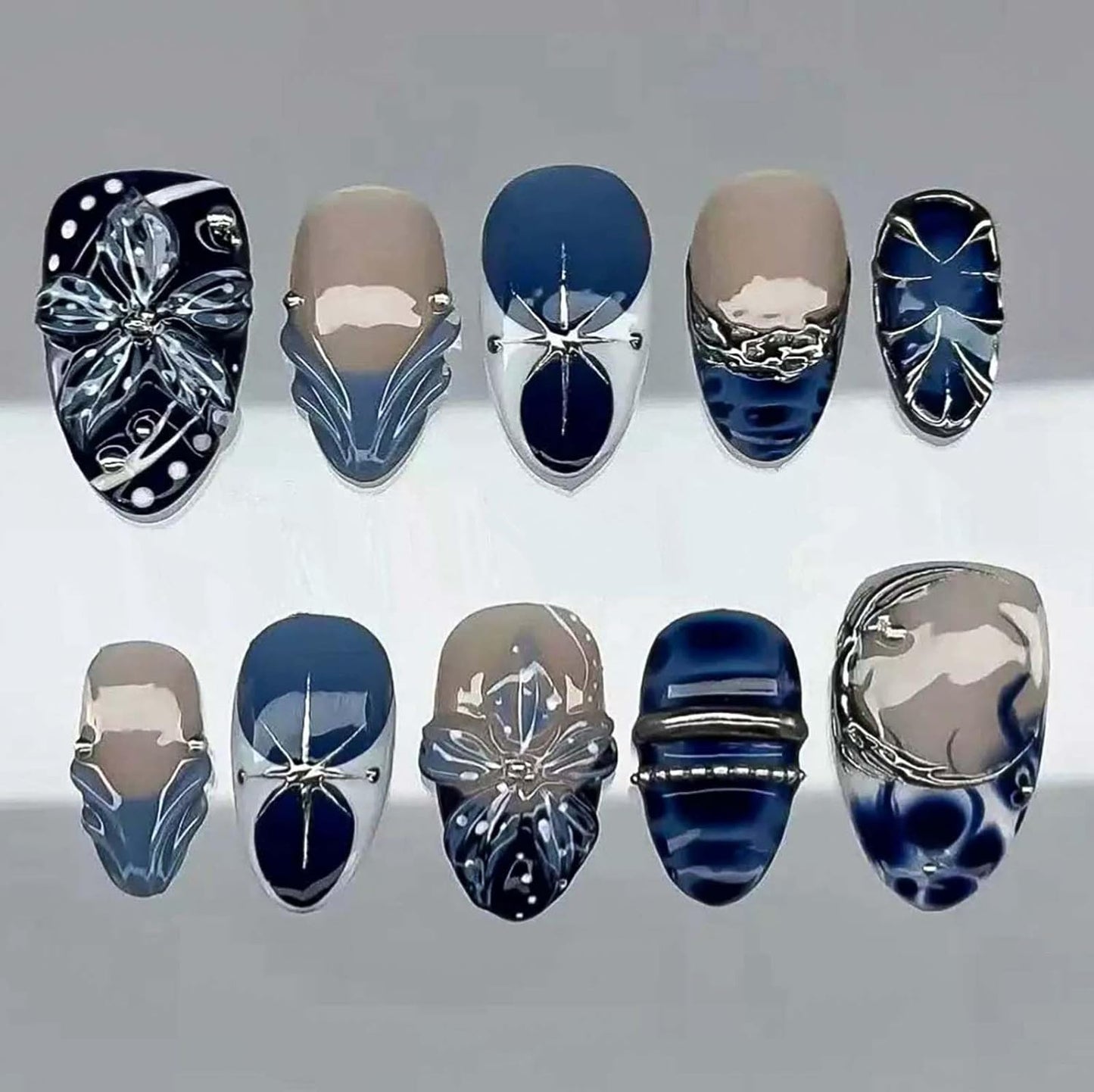 Press-On Nails - 24Pcs Medium Almond Beach Flower Design | Full Cover Acrylic with Shell & Starfish Rhinestones