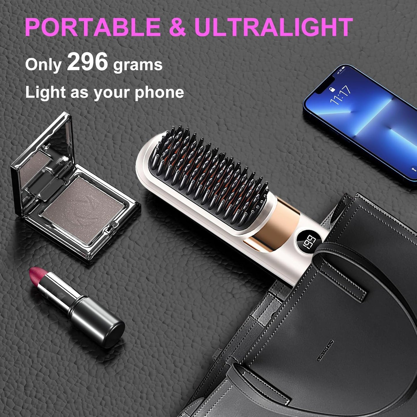 Go Brush Pro Cordless Hair Straightener Brush - Portable Rechargeable Ceramic Styling Brush with 4 Adjustable Heat Modes & LED Display, Perfect for Travel & Everyday Use (Cream White)