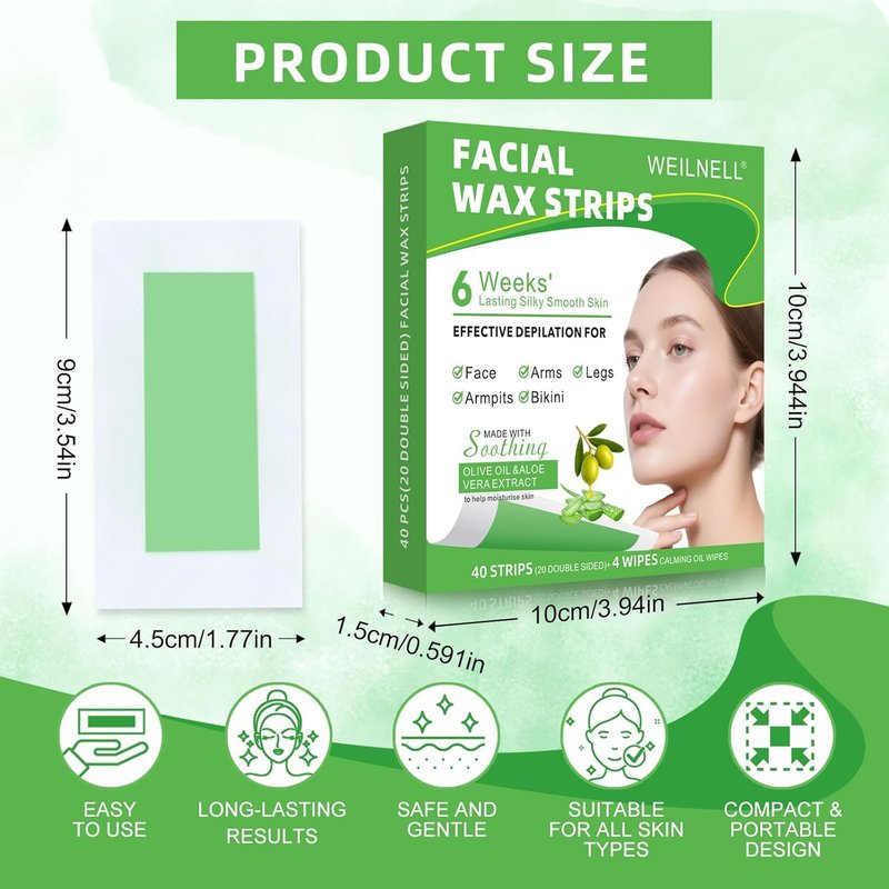 Facial Wax Strips - 98% Natural, Hypoallergenic Hair Removal for All Skin Types | Gentle & Quick for Eyebrows, Upper Lip, Chin, Legs, Bikini Line