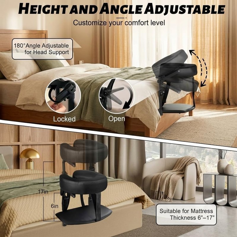 Adjustable Massage Headrest - Portable Face Cradle Pillow with Armrest | Fits 6"-17" Mattresses, Memory Foam - Black