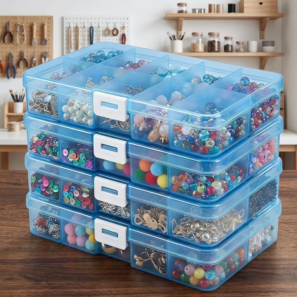 40-Grid Plastic Organizer Boxes - Waterproof Stackable Storage for Jewelry, Crafts, Nails & Fishing Tackle | 4 Pack (Pink)