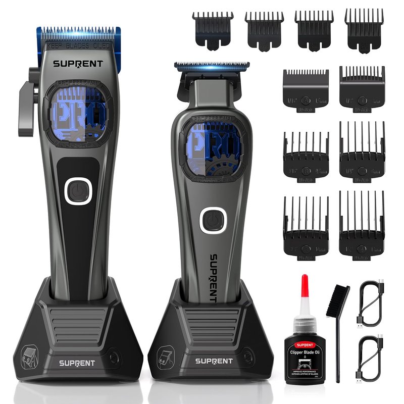 SUPRENT StormGray Professional Hair Clippers for Men - Cordless Barber Clippers & Zero-gapped Trimmer Set, Haircutting Kit with High Performance Motor, Blue Titanium-Coated Blades, Charging Stands