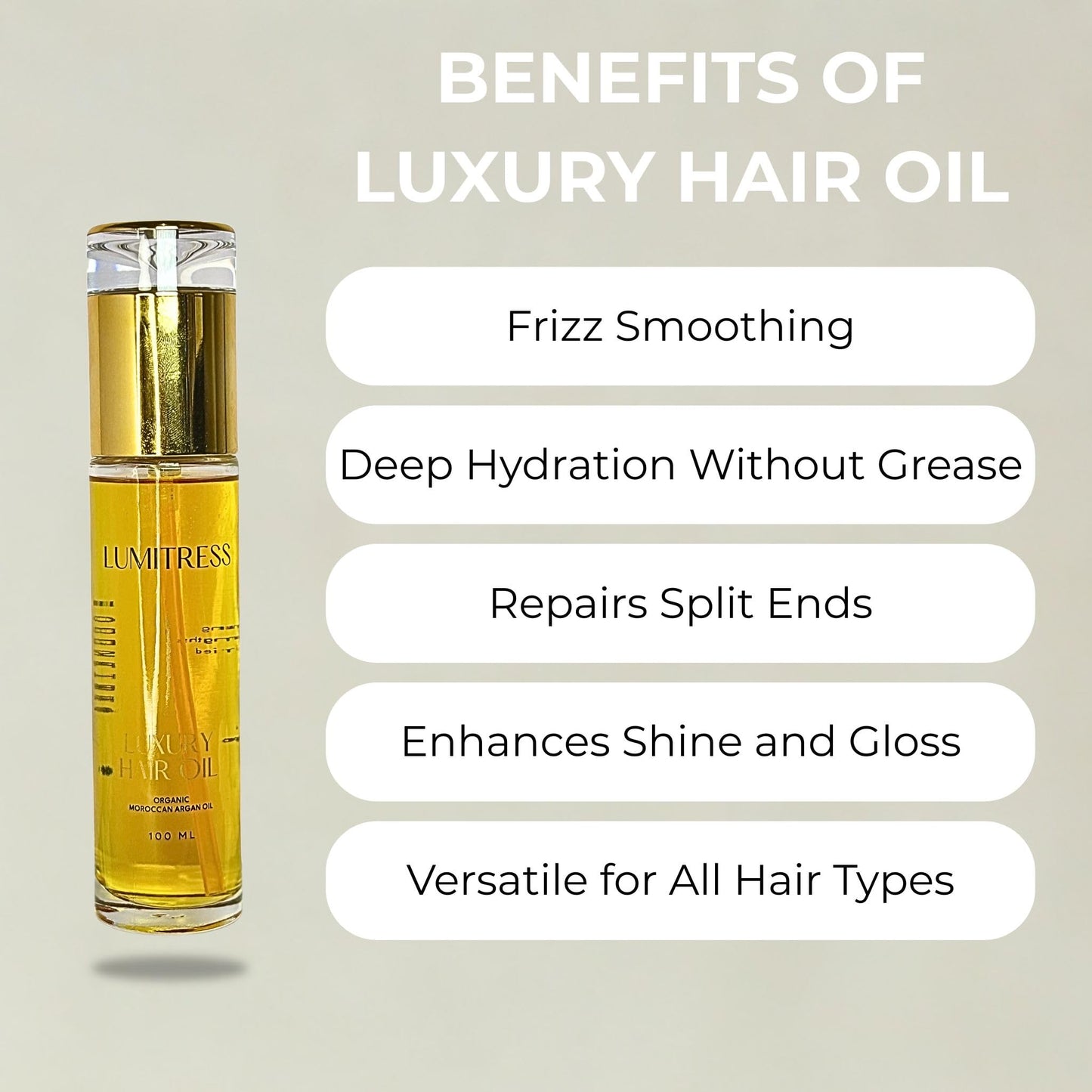 Lumitress Luxury Hair Oil, Leave-in Treatment, Frizz Control, Split End Repair