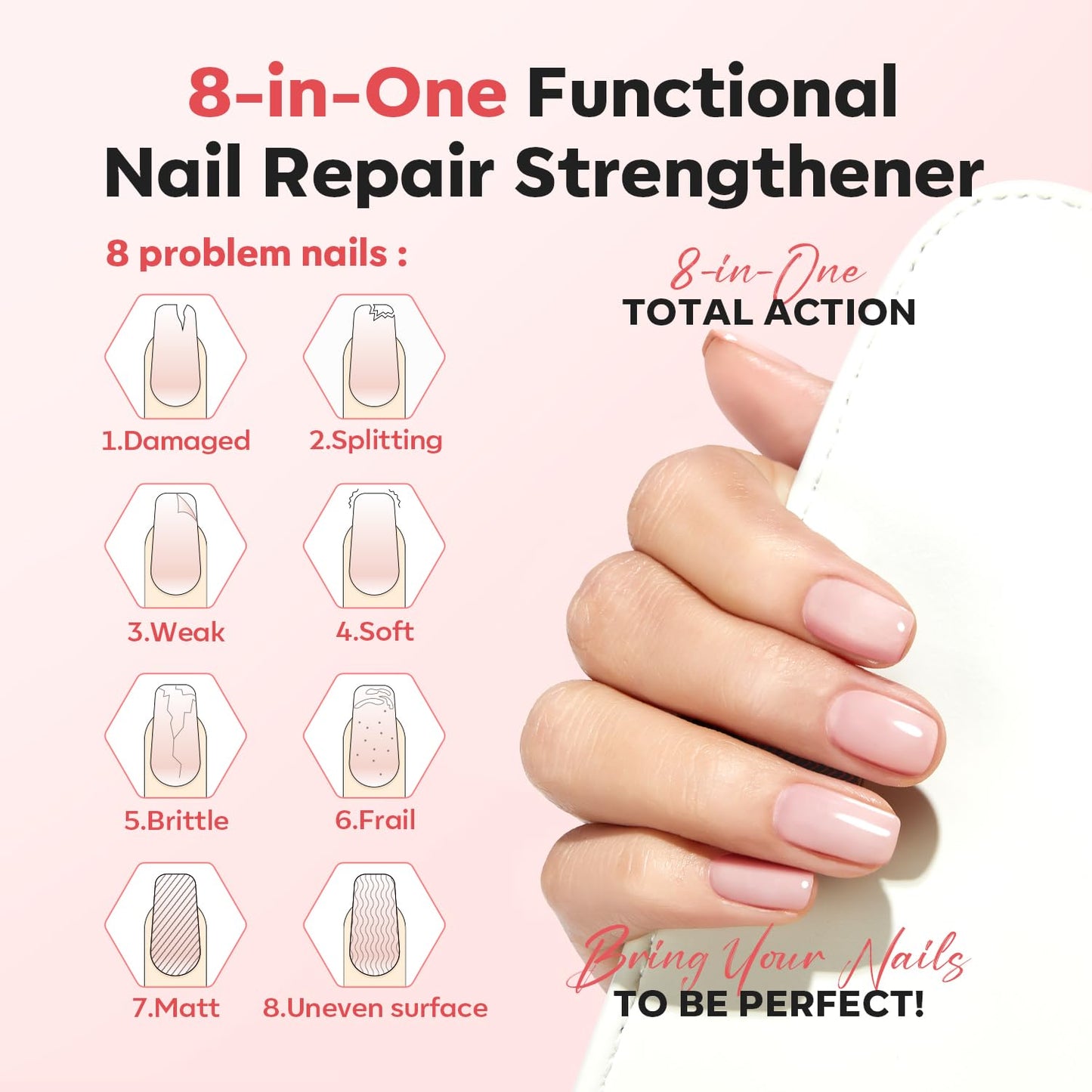 Modelones Nail Strengthener - Peachy Pink Repair Polish for Damaged Nails | 15ml Natural Growth & Concealer