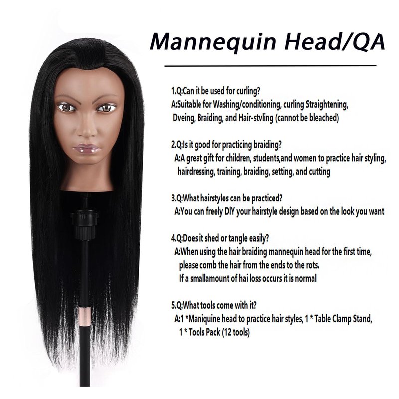 100% Real Hair Mannequin Head,TopDirect 26''Black Hairdresser Cosmetology Doll Head Styling,Manikin Heads Hairs Braiding DIY Styling with Clamp Holder and Tools Set