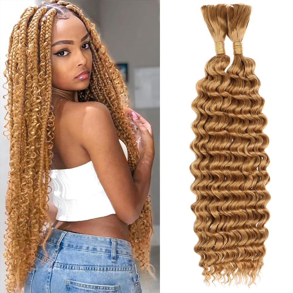 27 Boho Human Hair 16 Inch 2 Bundles 110g Honey Blonde Deep Wave Bulk Human Hair for Braiding Blonde Braiding Hair Bundles Curly Hair Extensions No Weft 2 Braids