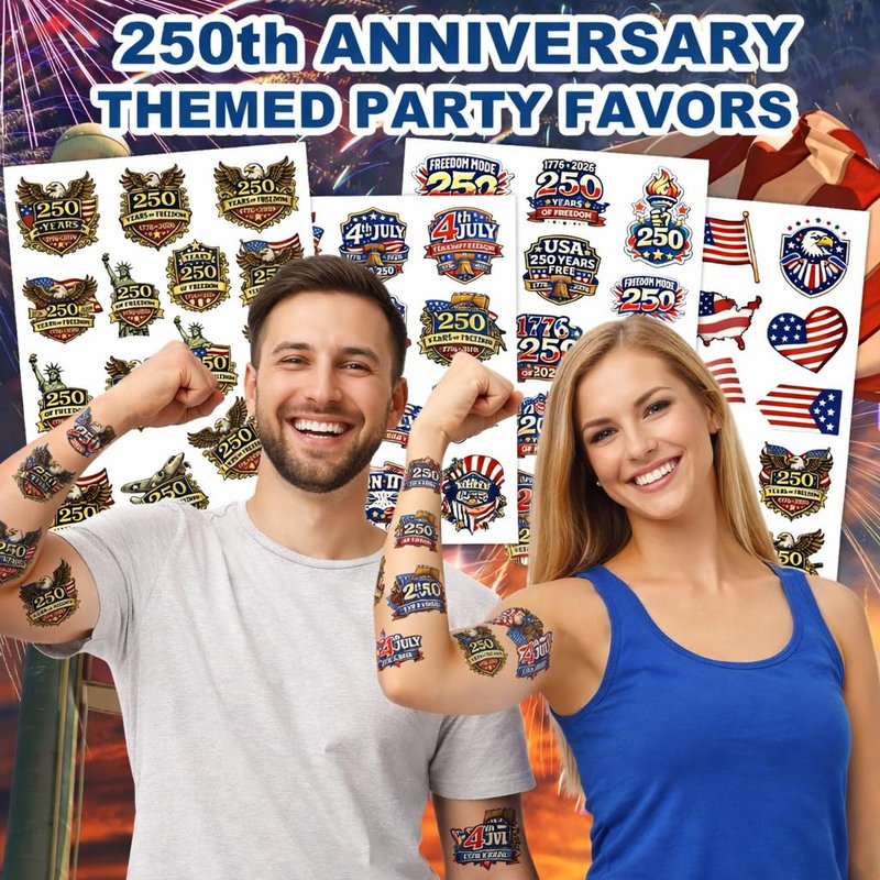 250th Anniversary Temporary Tattoos - Patriotic USA 1776–2026 | 60PCS Independence Day Party Favors for Adults & Teens