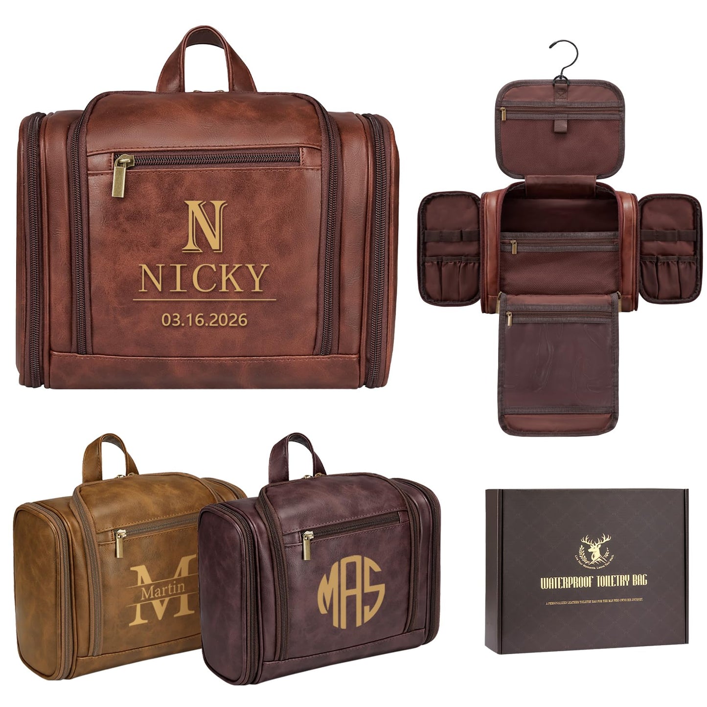 Aganmi Personalized Fathers Day Birthday Gifts for Step Dad Husband Grandpa Papa, Customized Mens Large Leather Hanging Toiletry Bag Travel Waterproof Bathroom Shower Shaving Dopp Kits, Cognac Brown