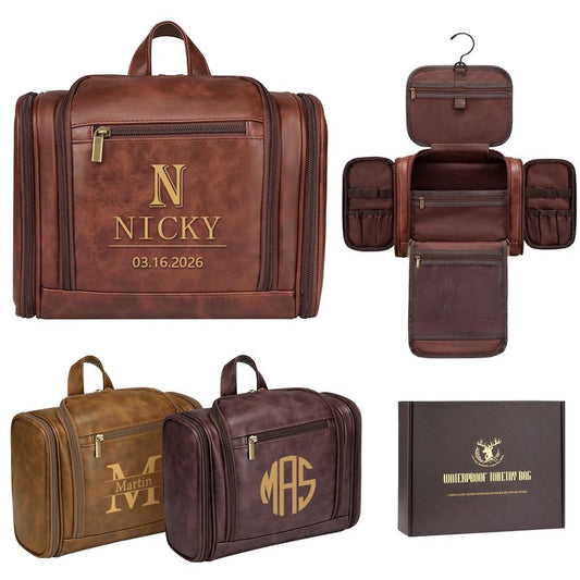 Aganmi Personalized Fathers Day Birthday Gifts for Step Dad Husband Grandpa Papa, Customized Mens Large Leather Hanging Toiletry Bag Travel Waterproof Bathroom Shower Shaving Dopp Kits, Cognac Brown