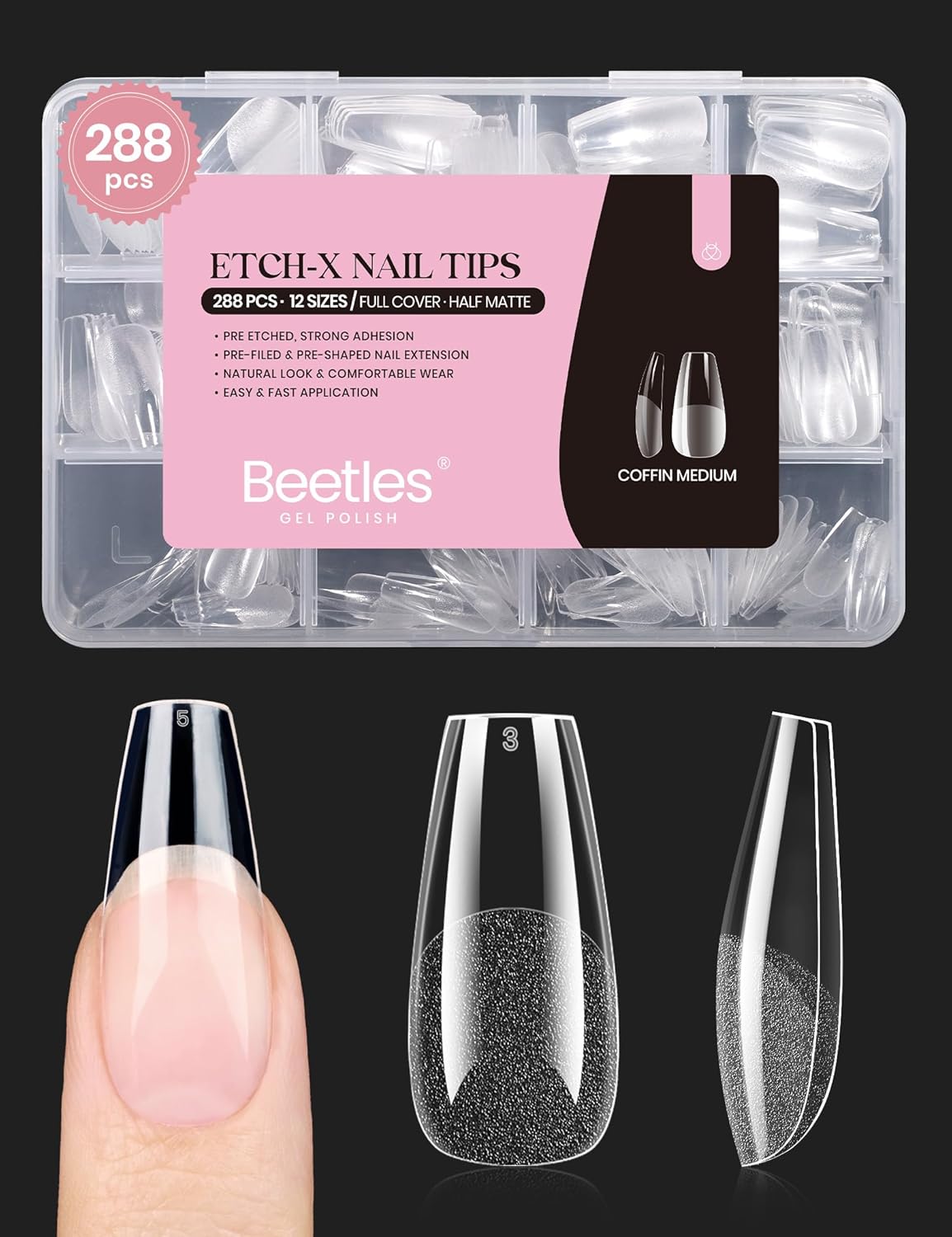 Coffin Gel Nail Tips | Medium Half Matte Press-On Nails - 288 Pcs, 12 Sizes for Easy DIY Manicure