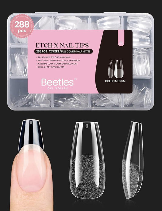 Coffin Gel Nail Tips | Medium Half Matte Press-On Nails - 288 Pcs, 12 Sizes for Easy DIY Manicure