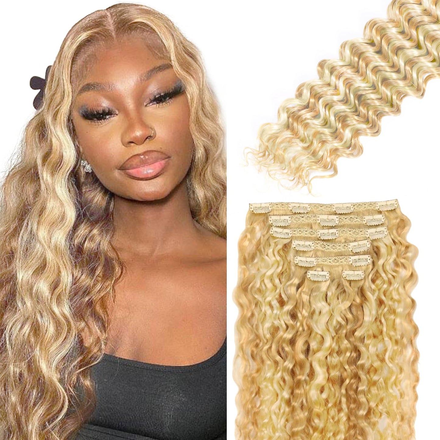 P27613 Blonde Clip in Hair Extensions Real Human Hair, 14 Inch 120g/7Pcs,Full Shine Remy Human Hair,Highlight Blonde Deep Wave Clip ins Brazilian Virgin Human Hair Extensions