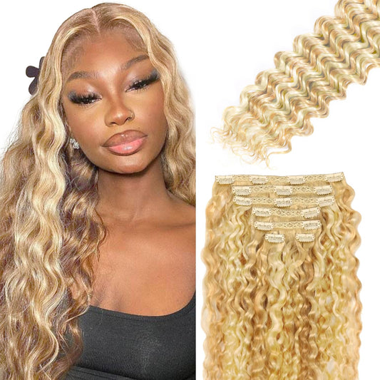P27613 Blonde Clip in Hair Extensions Real Human Hair, 14 Inch 120g/7Pcs,Full Shine Remy Human Hair,Highlight Blonde Deep Wave Clip ins Brazilian Virgin Human Hair Extensions