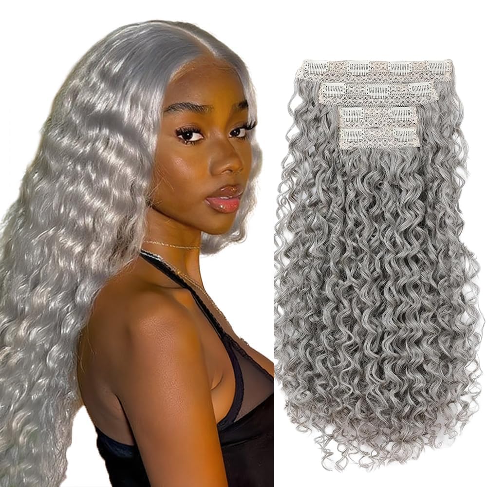 Grey Clip in Hair Extensions Real Human Hair,28 Inch 120g/7Pcs,Full Shine Sliver Remy Human Hair,Gray Deep Wave Clip ins Brazilian Virgin Human Hair Extensions
