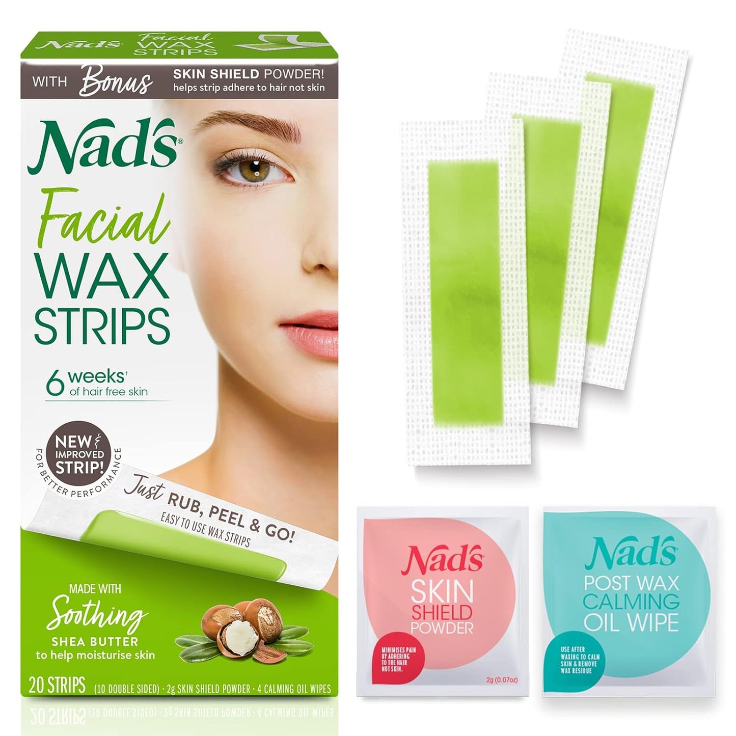 Nad's Facial Wax Strips - Hypoallergenic Facial Hair Removal Kit for Women | 20 Wax Strips + 4 Calming Wipes + Skin Protection Powder
