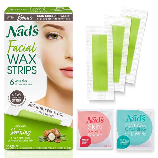 Nad's Facial Wax Strips - Hypoallergenic Facial Hair Removal Kit for Women | 20 Wax Strips + 4 Calming Wipes + Skin Protection Powder