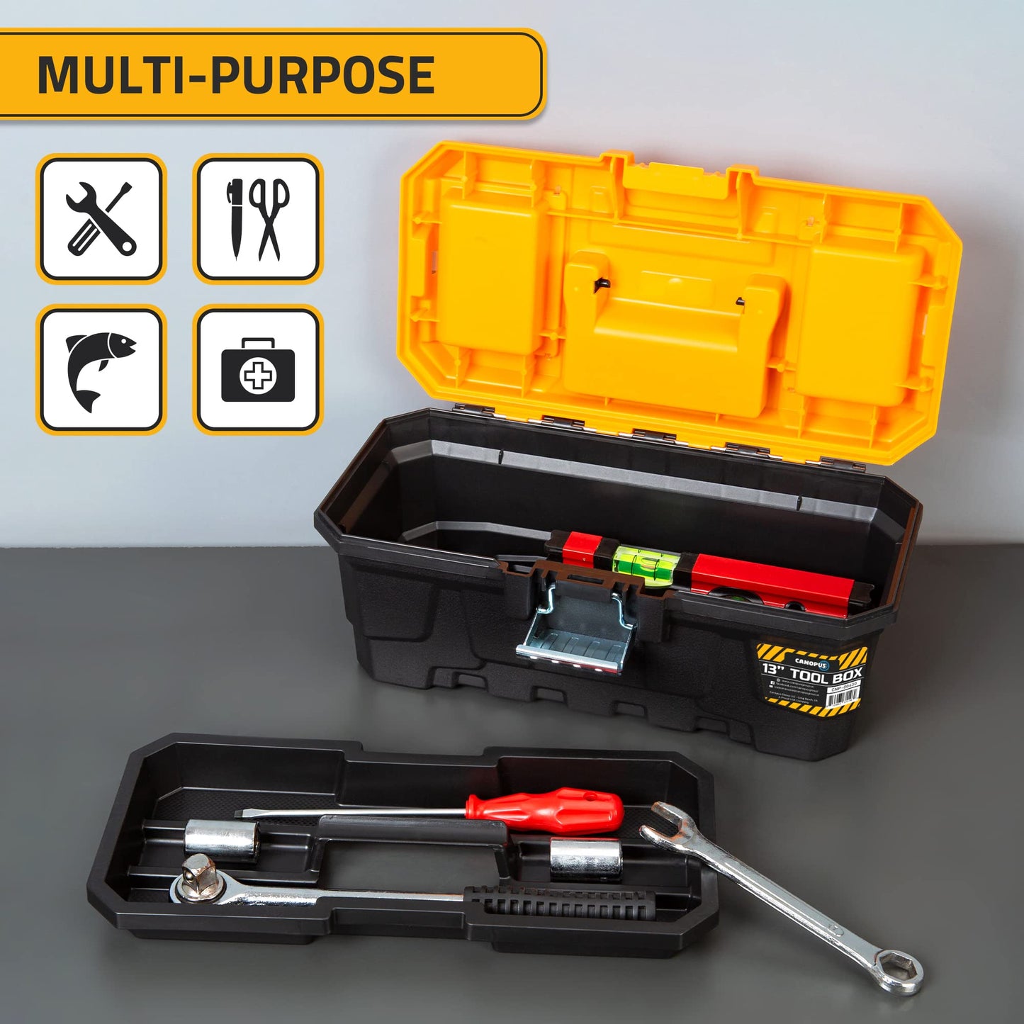 CANOPUS Plastic Toolbox, 13-inch Portable Plastic Tool Box with Metallic Clutch, Small Tool Box Tool Organizer with Extra Storage Tray for Home Tools, Nails and Pins, Black-Yellow