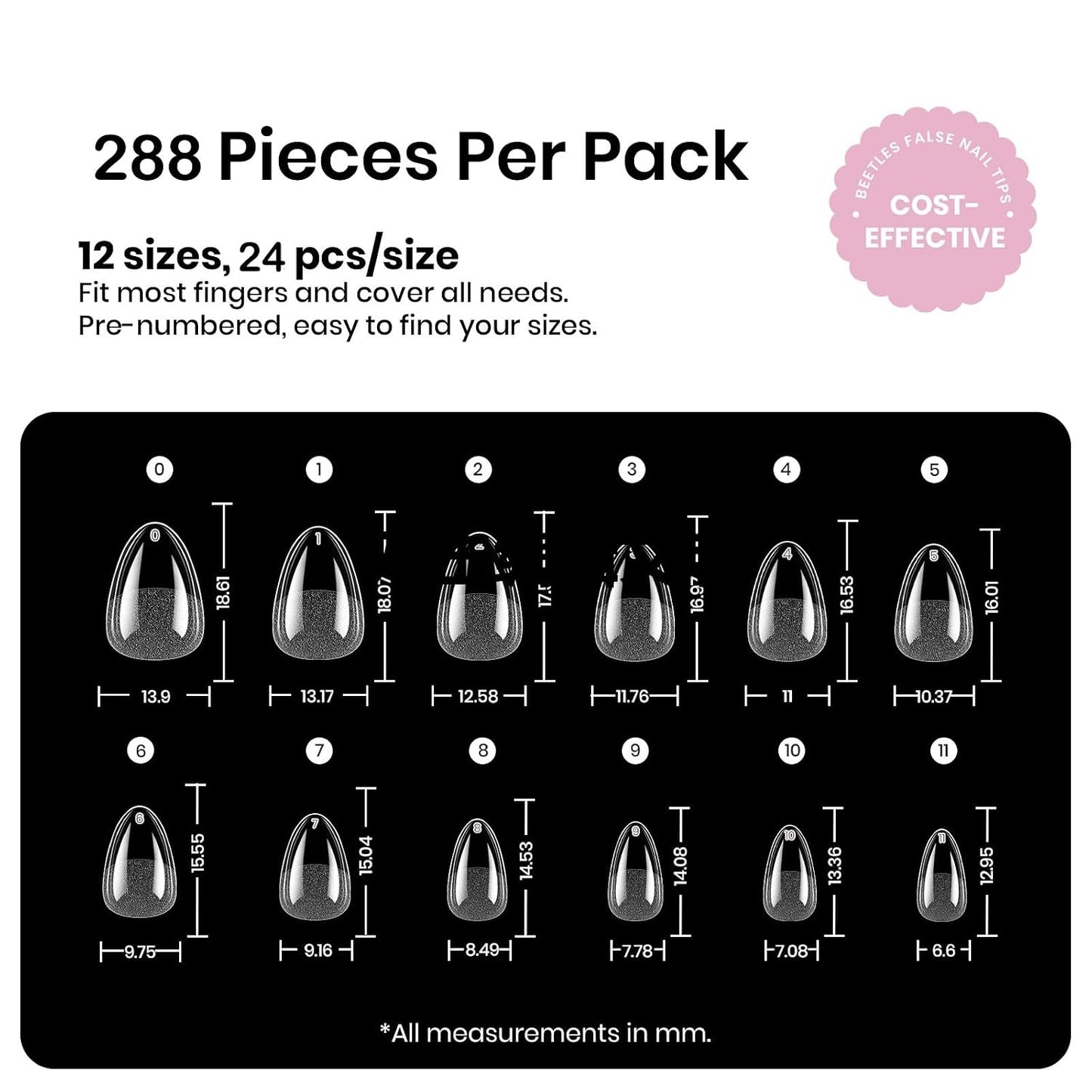 Almond Nail Tips - 288 PCS Clear Full Cover Pre-Shaped Gel Extensions for Nail Art | 12 Sizes Available