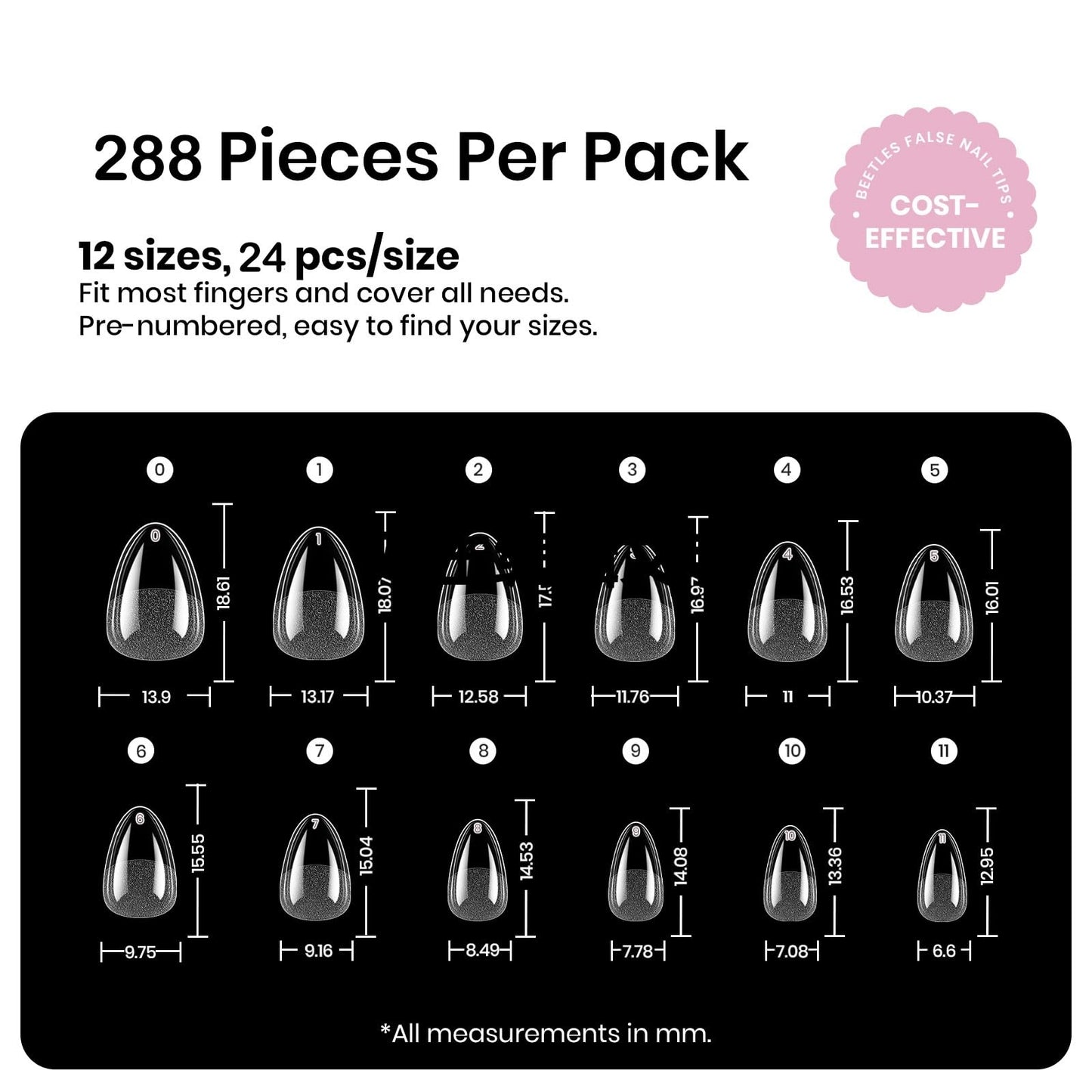 Beetles Extra Short Almond Nail Tips, 12 Sizes 288 PCS Pre-Shaped Full Cover Etch Gel Nail Tips Clear Acrylic Press on Nails Extension for Girls Women Art Design, Glue Needed