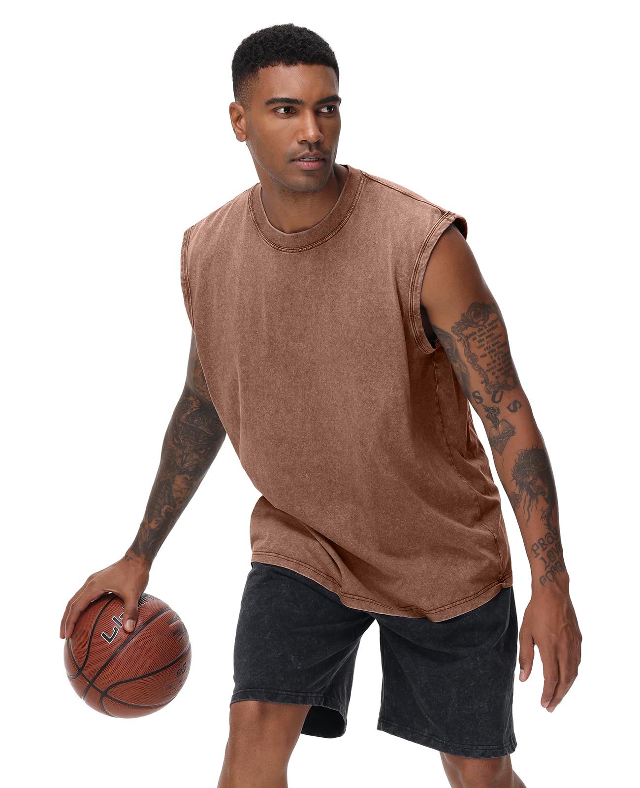 SnowElve 3 Pack Mens Workout Tank Tops Sleeveless Tee Shirts Men Muscle Shirt Gym Acid Wash T Shirts Running Beach Loose Fit Tee(CFGYBK,XL)