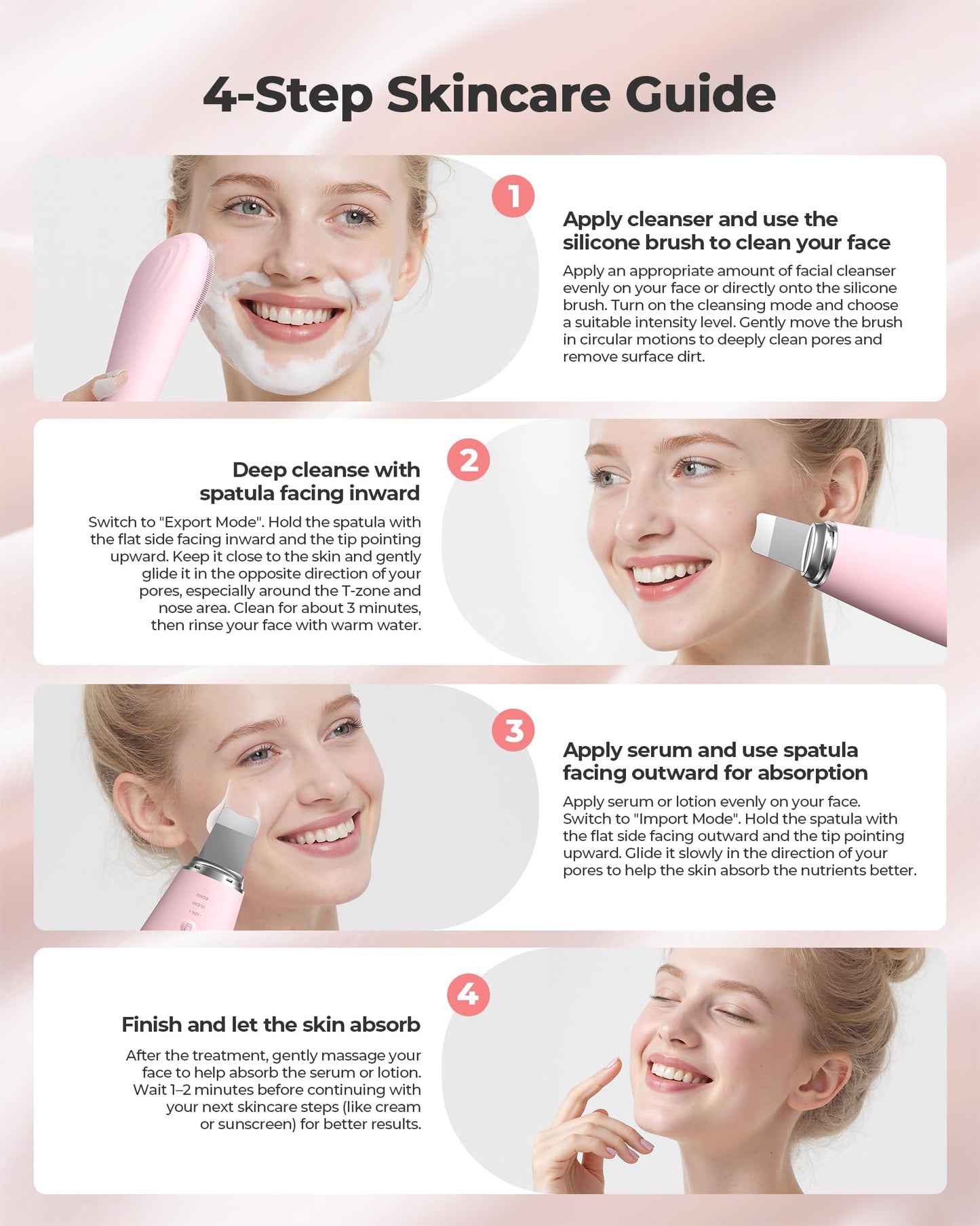 Facial Cleansing Brush, 2 in 1 Firming Massager Facial Skin Scrubber Waterproof Face Scrub for Deep Cleansing Vibrating Exfoliator Scrubber Skin Care with 7 Modes, Gentle Exfoliating - Pink