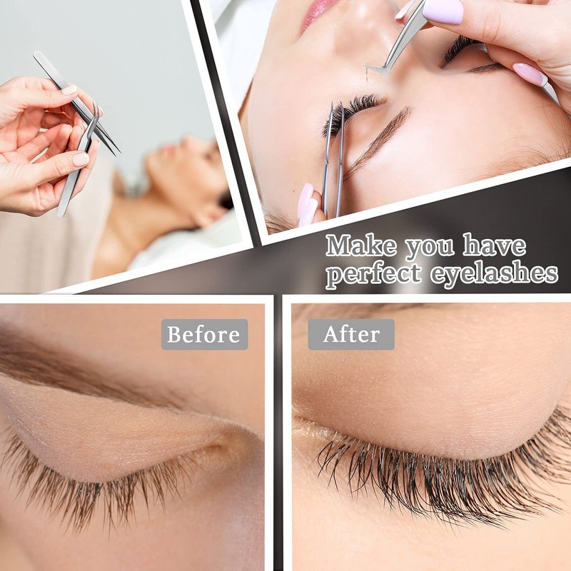 6 Pcs Tweezers for Eyelash Extensions, Straight and Curved Stainless Steel, Individual Volume, Isolation Tweezers (Silver)