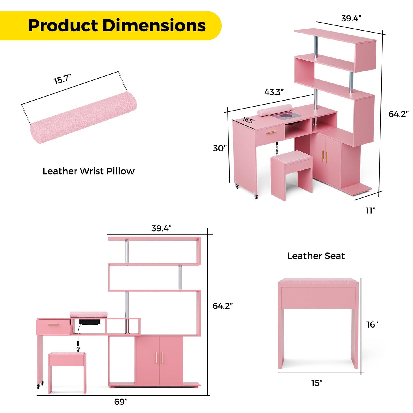 Kikihouse Manicure Table Nail Desk with Stool, L-Shaped Nail Tech Desk with Dust Collector, Two-Way Drawer, Cabinet & Storage Shelves, Rotating Reversible Manicure Workstation on Wheels (Pink)