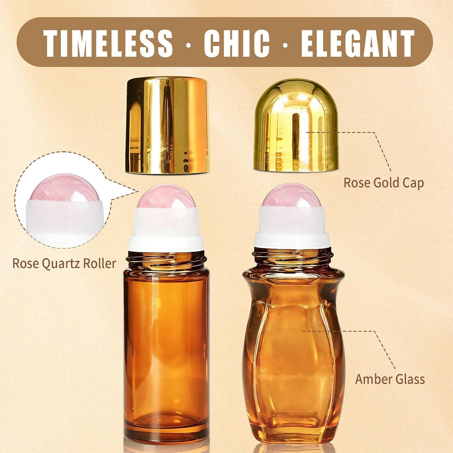 Rose Quartz Roller Bottles - 50ml Refillable Amber Glass | Leak-Proof Travel Perfume with Natural Crystal Rollers