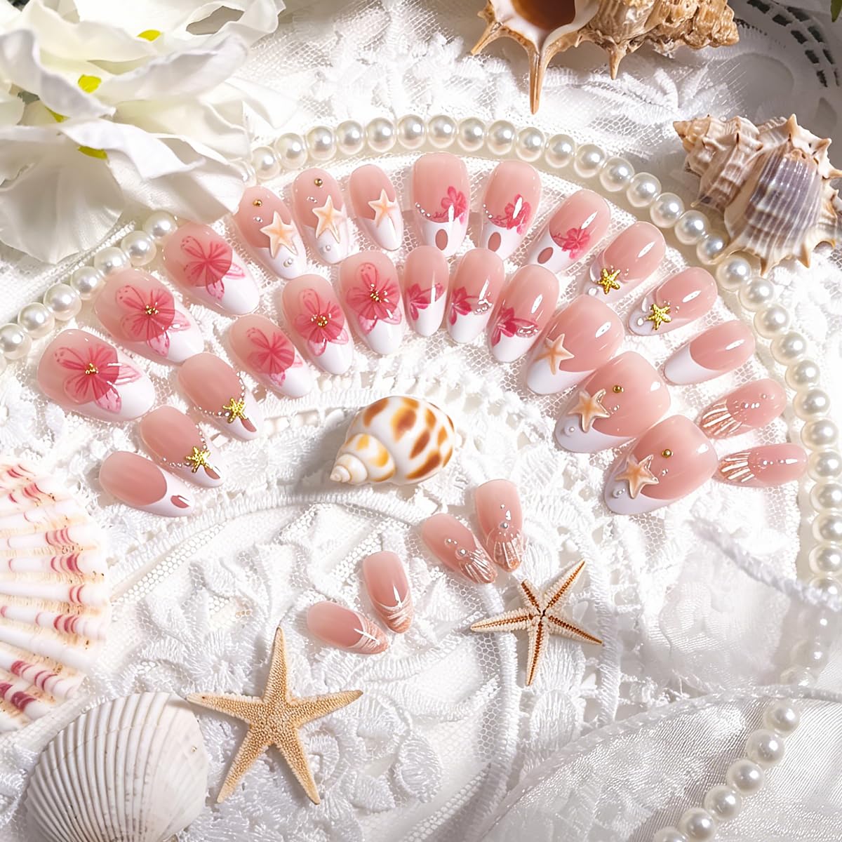 Cute Pink Flower Press-On Nails - Short Almond French Tip | 30 Pcs Reusable Glossy Acrylic with Pearl & Starfish Design