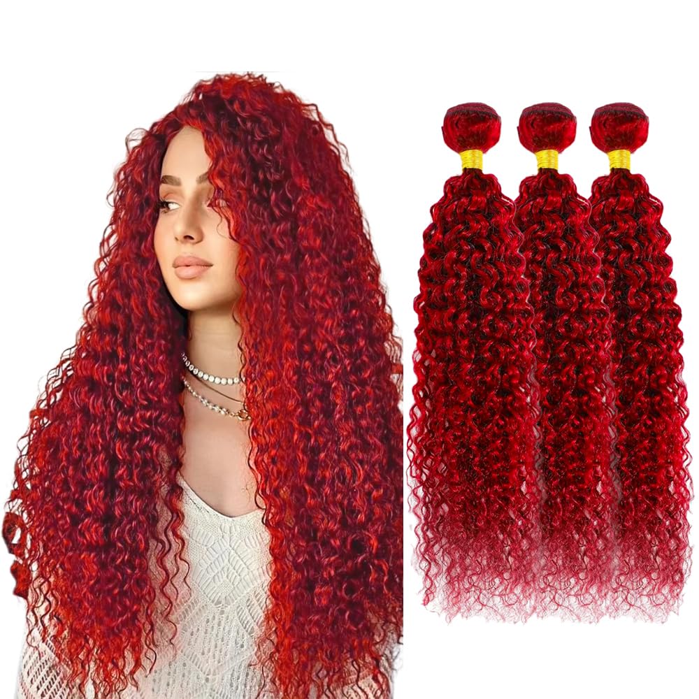 Bright Red Bundles Human Hair Red Kinky Curly Bundles 30 30 30 Inch Grade 8A Peruvian Virgin Remy 3 Bundles Soft and Silky Burgundy Hair Extensions