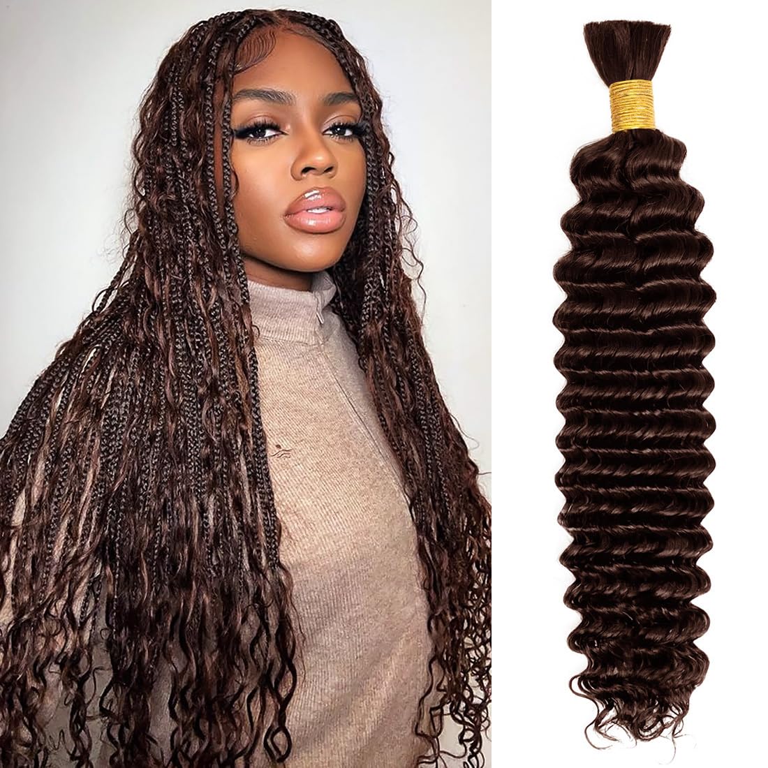 Unprocessed Human Hair for Braiding - #4/30 Brown with Auburn Highlights | 20 Inch Curly Bulk Hair Extensions, 12A Grade, 100g, 2 Bundles