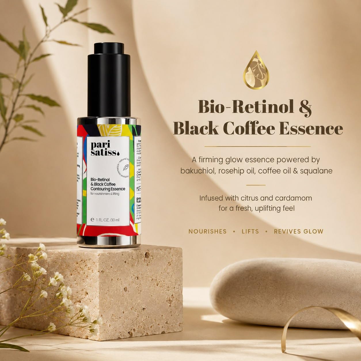 Bio-Retinol & Black Coffee Contouring Essence, Bakuchiol Retinol Alternative Face Serum for Wrinkles, Fine Lines, Dark Spots & Post Acne Marks, Hydrating Anti Aging Serum, 1 fl oz