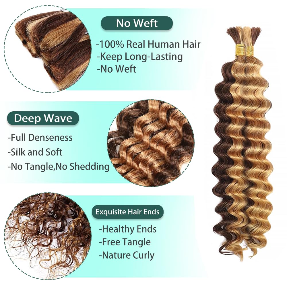 Human Braiding Hair for Boho Braids Highlight Boho Braiding Hair 22 22 inch P427 Deep Wave Bulk Knotless Deep Wave Boho Braids 2 Bundles 100g