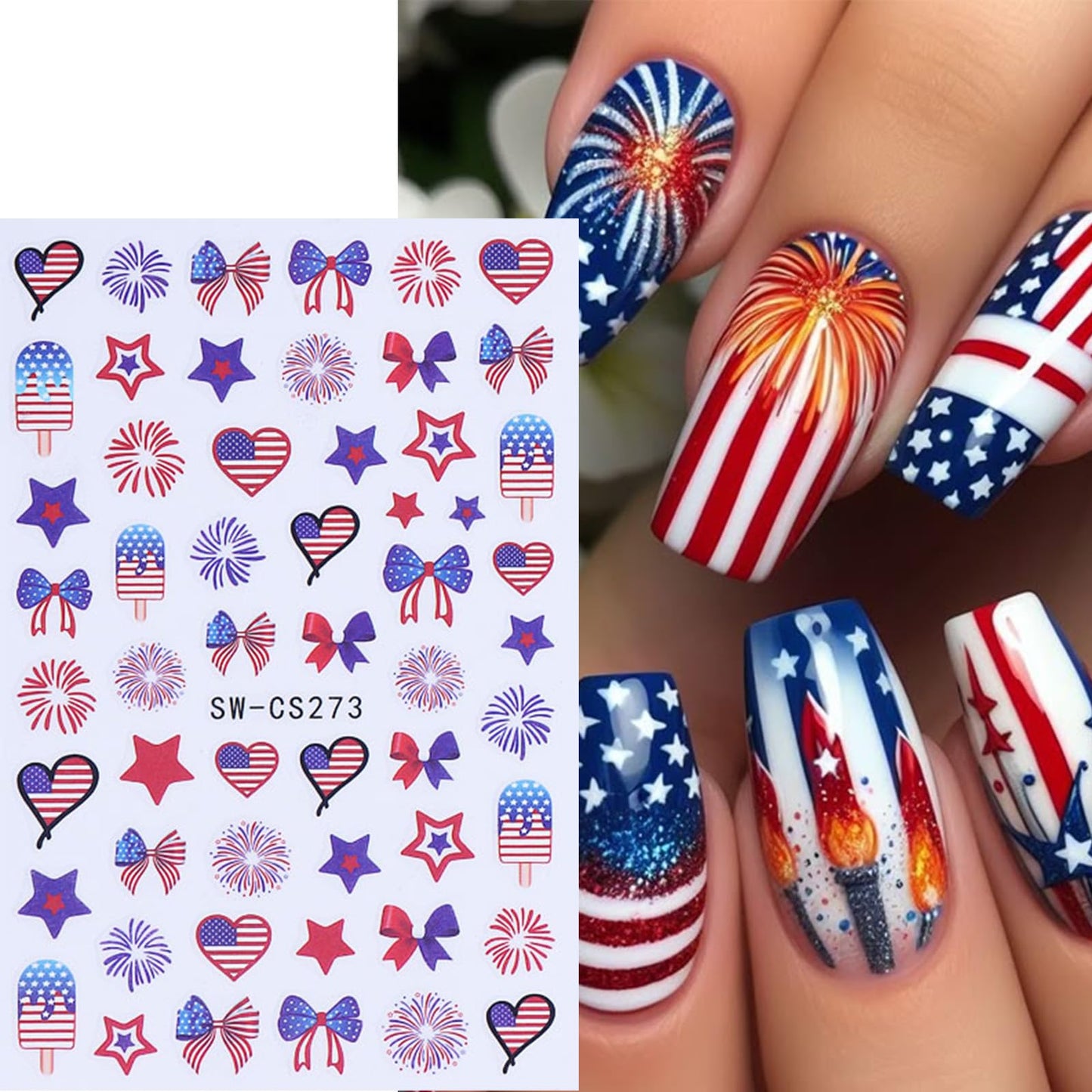 Fourth of July Nail Stickers Red White Blue Nail Decals for Nail Art 6PCS 3D Self Adhesive Independence Day Nails Designs Stickers Fireworks Bow Star Nail Slider Manicure Patriotic Nail Art for Women