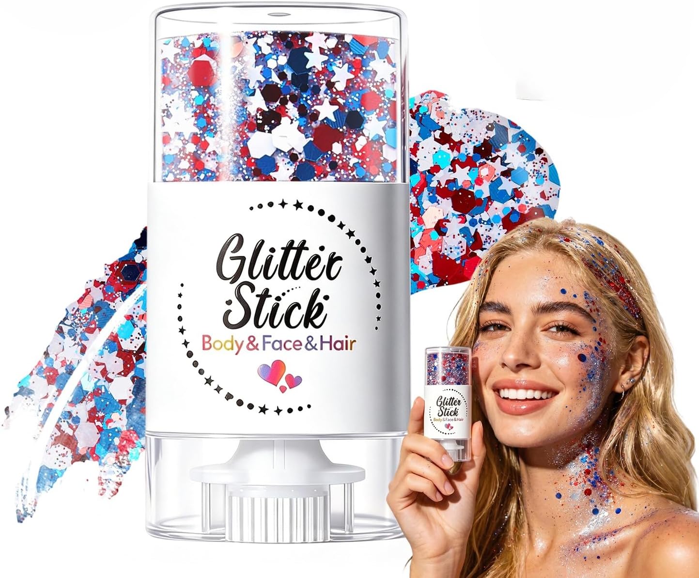 Patriotic Body Glitter Stick - Red, White & Blue Waterproof Face Glitter for 4th of July | 2-Pack