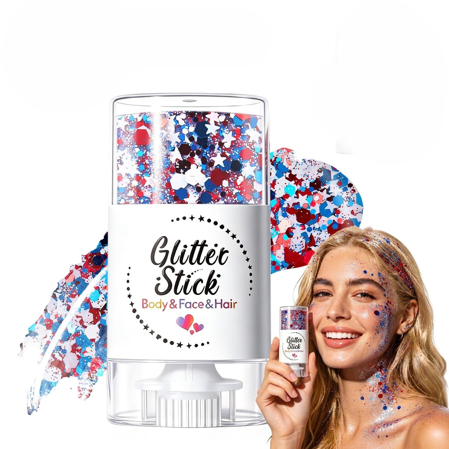 4th of July Patriotic Body Glitter Stick, Red White Blue Face Glitter Stick, Waterproof Festival Fourth of July Glitter for Body Hair Face, Patriotic Glitter for 4th of July Decorations (C)