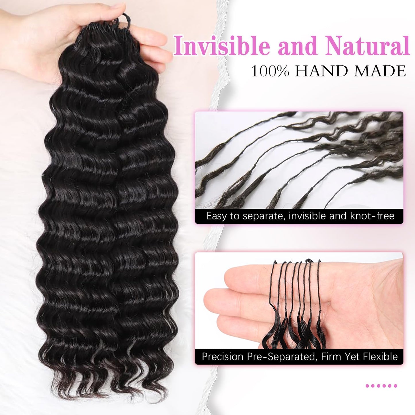 Human Crochet Hair for Black Women - 20 Inch Deep Wave Extensions | Soft & Lightweight Natural Black, 50 Strands