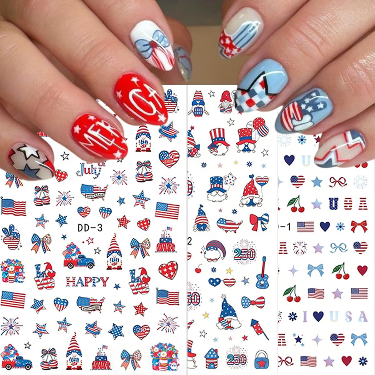 6 Sheets 4th of July Nail Stickers 250th Anniversary Patriotic Nail Decals Self-Adhesive American Flag Firework Gnome Nail Design Independence Day Stickers for Women DIY Manicure Decor