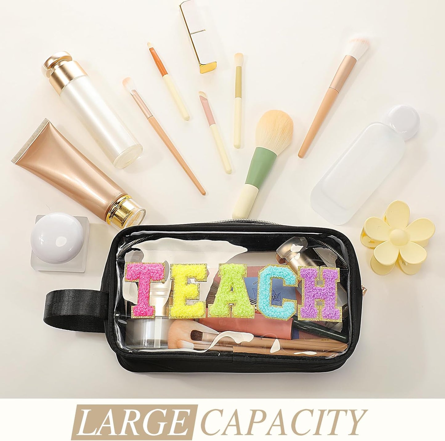 Teacher Survival Kit Bag - Waterproof Clear Makeup Pouch with Chenille Letters | Perfect Gift for Women