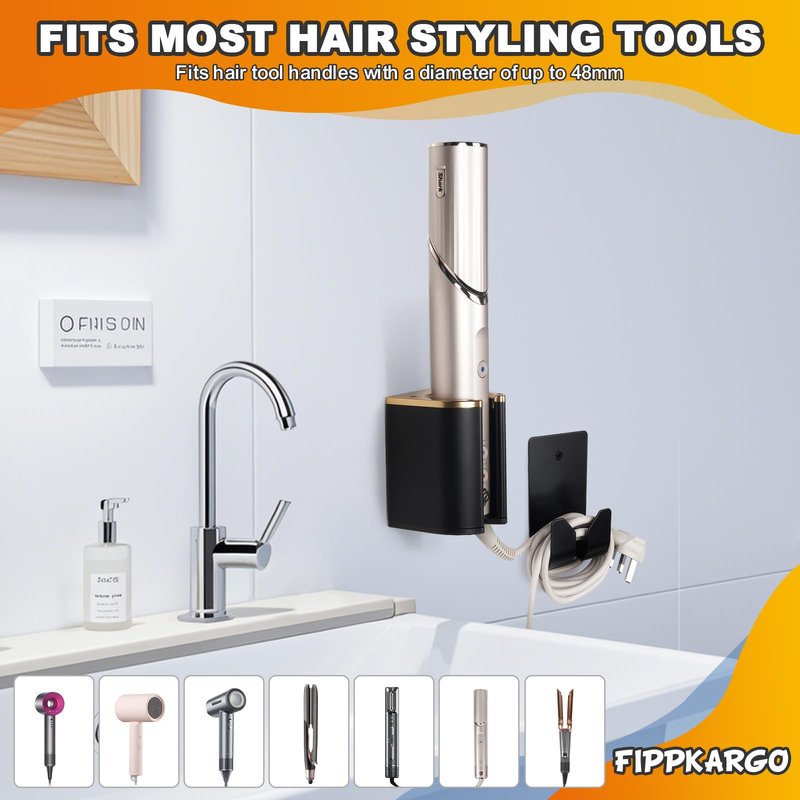 Fippkargo Wall Mount Holder Compatible with Dyson Airwrap/Airstrait Styler, Hair Dryer Holder for Shark FlexStyle, Universal Curling Iron Organizer Holder for Bathroom Vanity