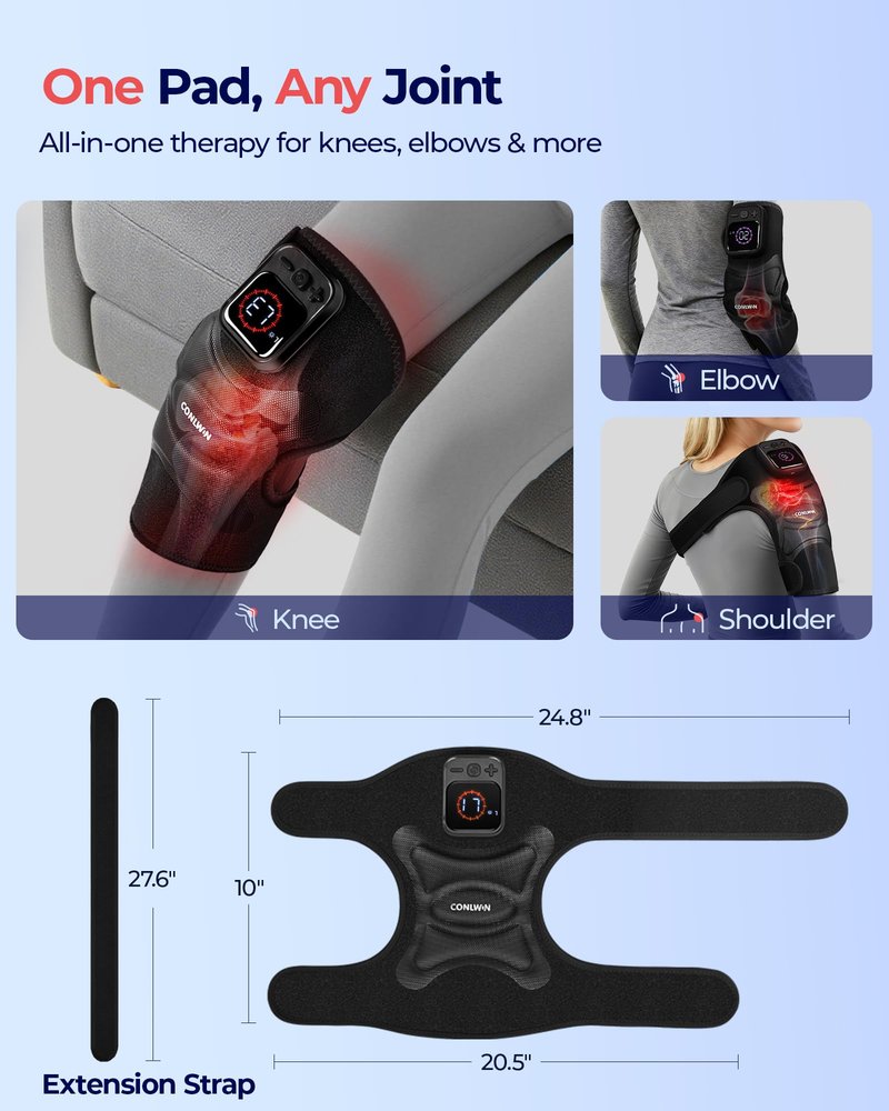 CONLWIN 4-in-1 Cordless Knee Massager with Heat and Red Light Therapy for Knees, 6 Vibration & 4 Pulses Knee Pain Relief Device for Shoulder Elbow, Perfect for Women Men Seniors