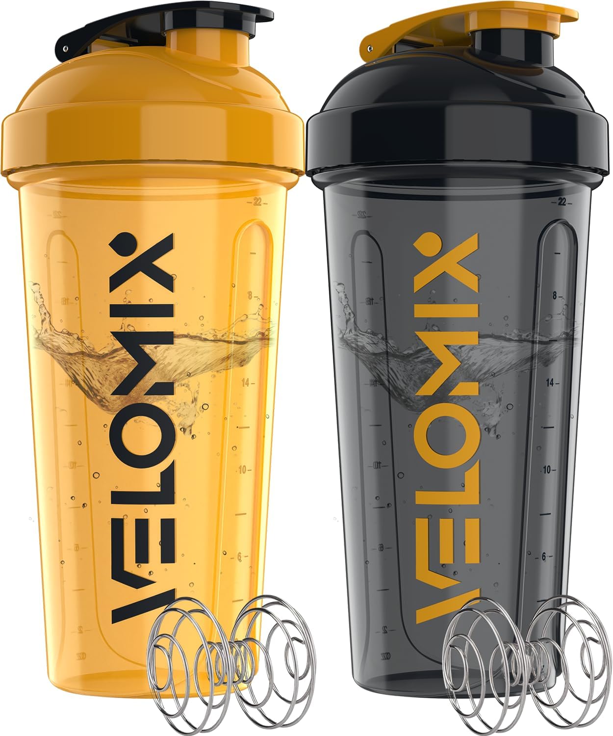 Protein Shaker Bottles - 28 oz Leak Proof Shaker Cups with 2 Wire Whisks | 2-Pack (Black/Transparent)