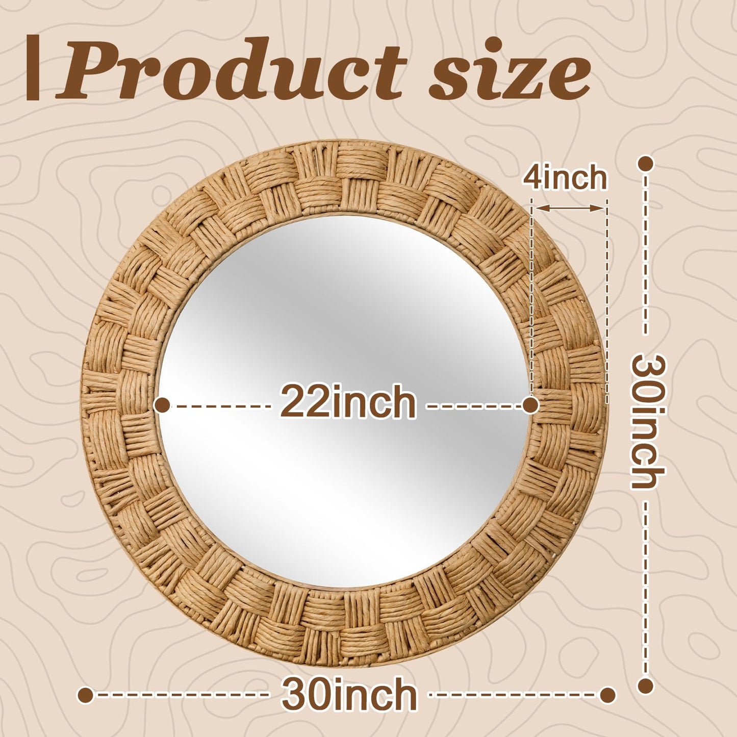 Sabary 30 Inch Rattan Wall Mirror Round Rope Boho Mirror Wicker Chequered Handwoven Natural Rustic Beachy Coastal Decorative for Bathroom, Bedroom, Living Room, Entryway