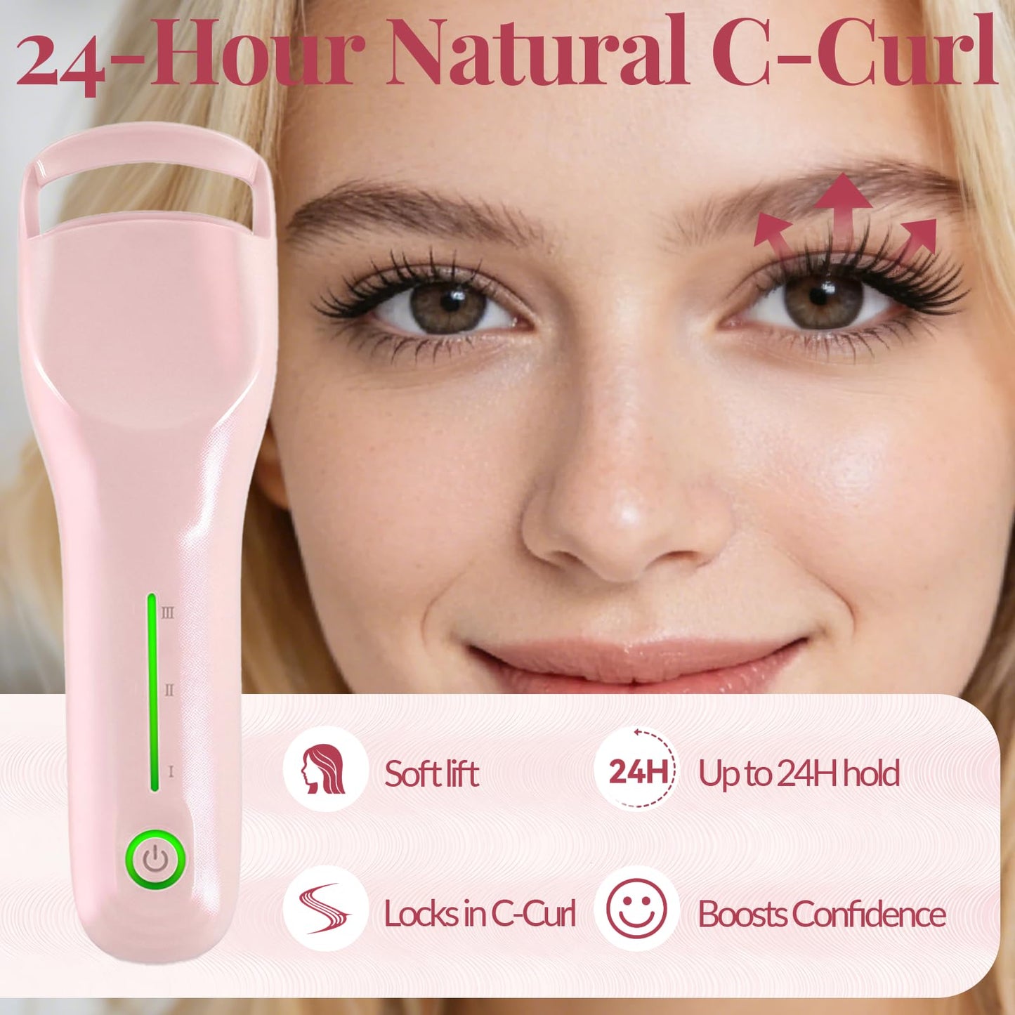 Heated Eyelash Curler, 3 Heat Levels, 8s Fast Heat, 24H Natural C-Curl Lift, Anti-Burn Silicone Pad, USB-C Rechargeable, Auto Shut-Off, Wide-Arc Design for Fine, Thick & False Lashes