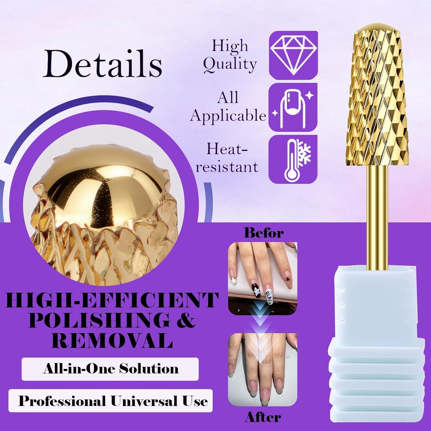 FANTEXY Nail Drill Bit - Smooth Round Top Gold Tungsten Carbide | Medium Size for Acrylic & Gel Nails