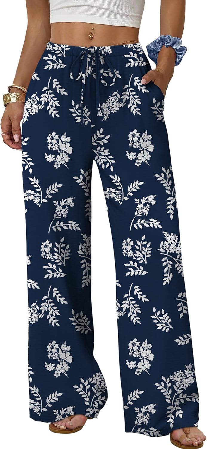 Wide Leg Pants for Women - Flowy Palazzo Trousers with Drawstring & Pockets | Summer Beach Vacation Wear