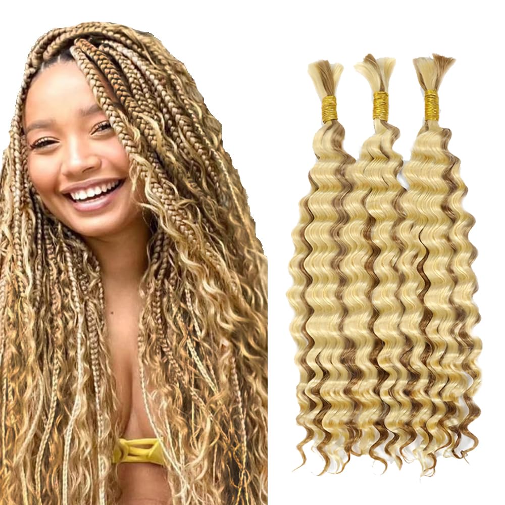 613 Human Braiding Hair For Boho Braids Honey Blonde Deep Wave Bulk Human Hair For Braiding No Weft 3 Braids Per Pack 27 Mixed With 613 Color 16 16 16 Inch