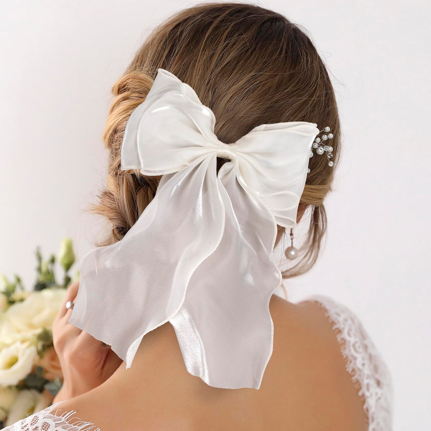 SmallCat 2 Pcs Pink Hair Bow, Elegant Pink Bows for Hair, French Bow Hair Clips, Silk Yarn Ribbon Hair Bows for Women,Festivals, Party, Wedding (White, Pink)